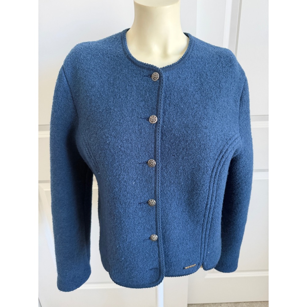 VTG Geiger Tyrol Blue Boiled Wool Jacket Cardigan Austria Floral Buttons Sz 46